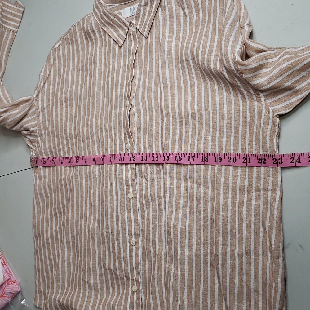 Uniqlo 100% Linen Stripe Button Up Shirt Size L Layer Coastal Everyday - Picture 8 of 16